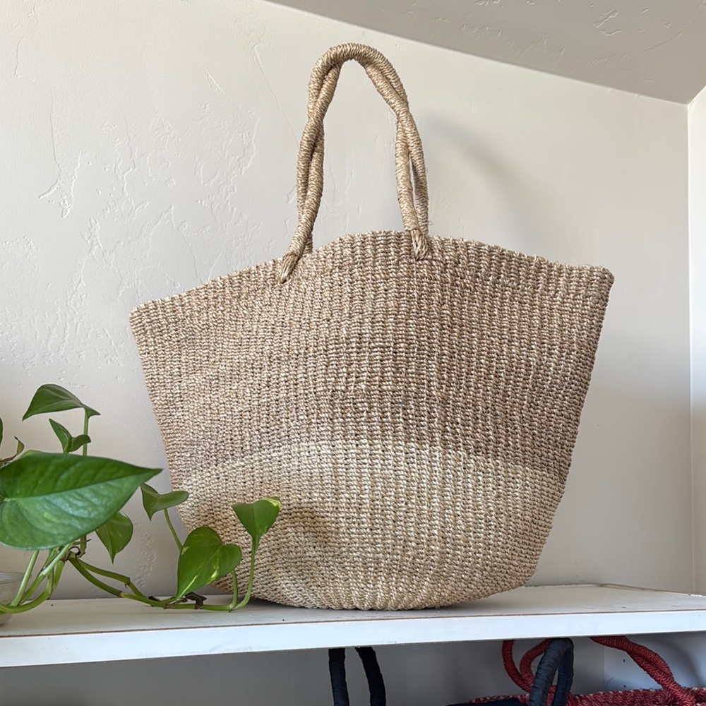 Tan Woven Tote Bag with Structured Design